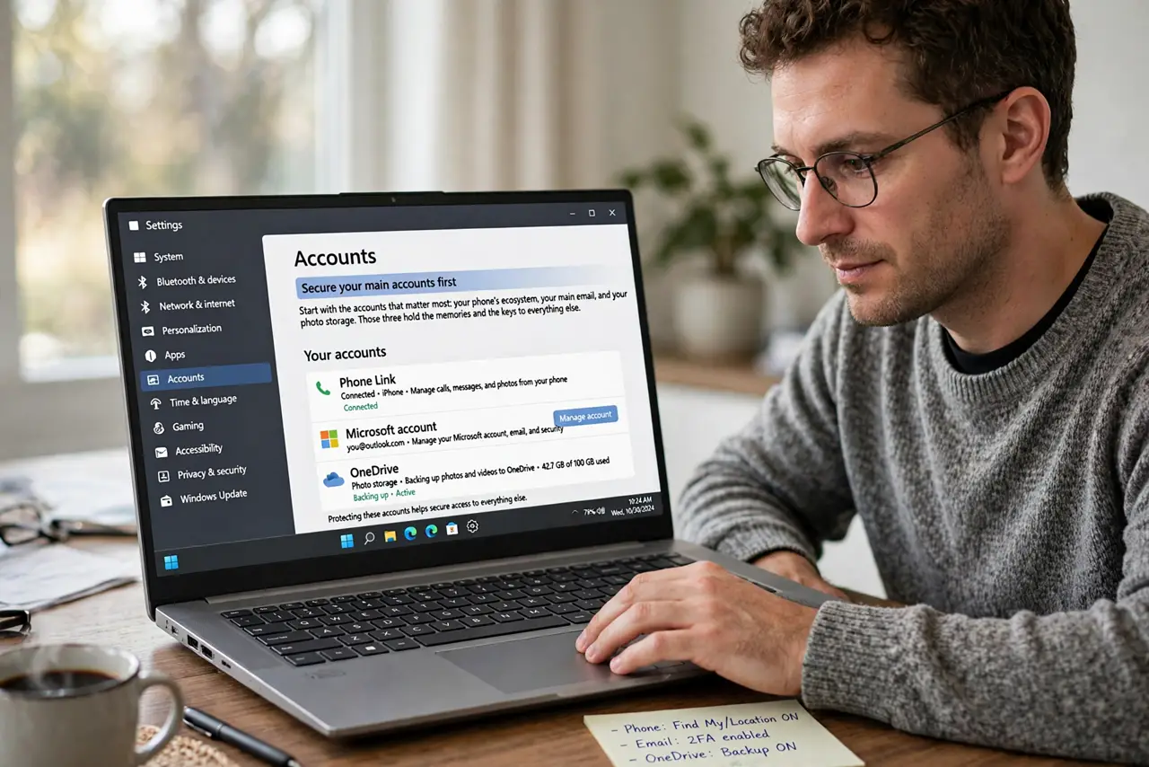 A person performing step 1 of the guide: Set it on your main accounts first. Start with the accounts that matter most: your phone's ecosystem, your main email, and your photo...