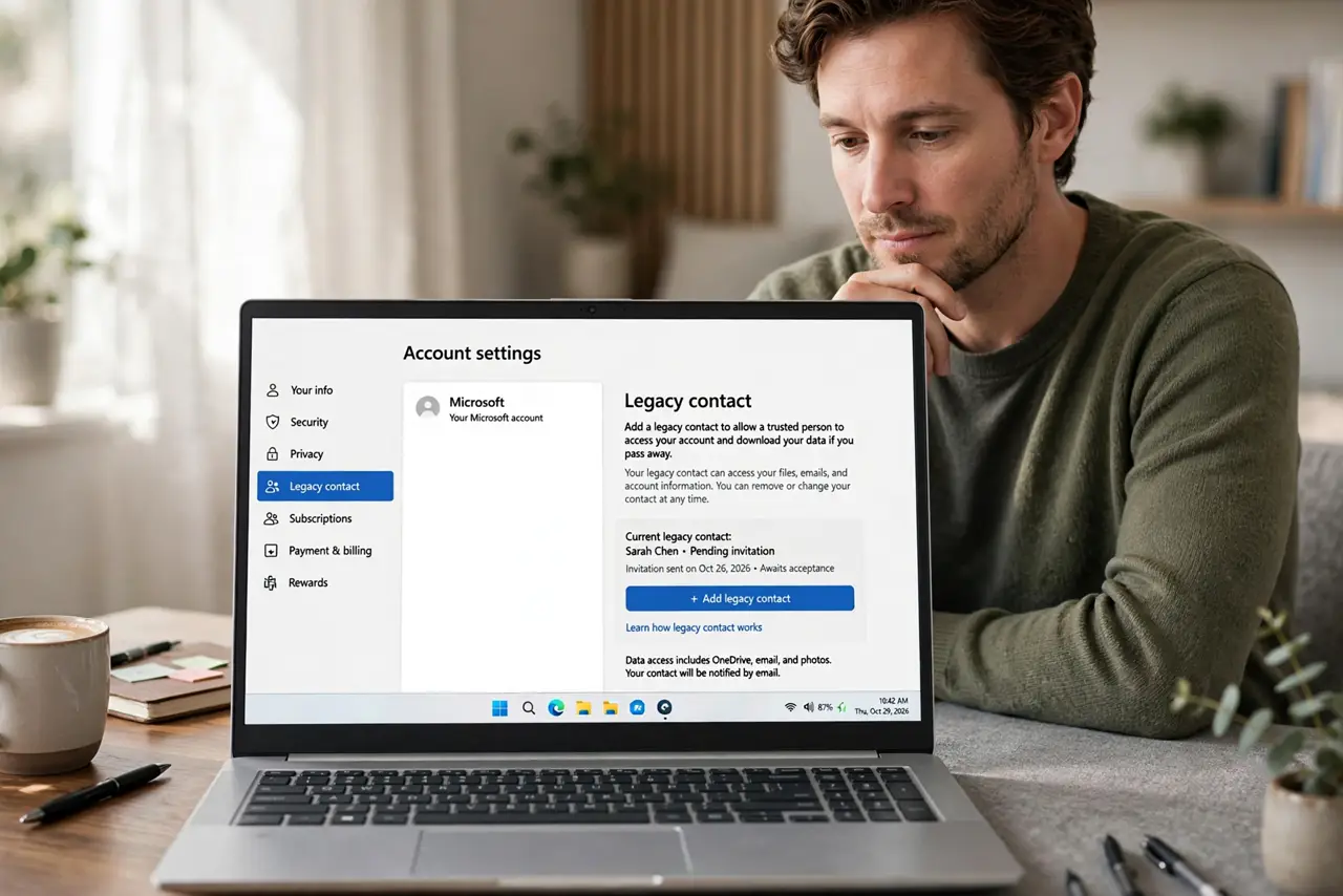 a calm adult at a desk with a real laptop, the screen showing a normal account settings page with a legacy contact option and legible text, the person setting it thoughtfully