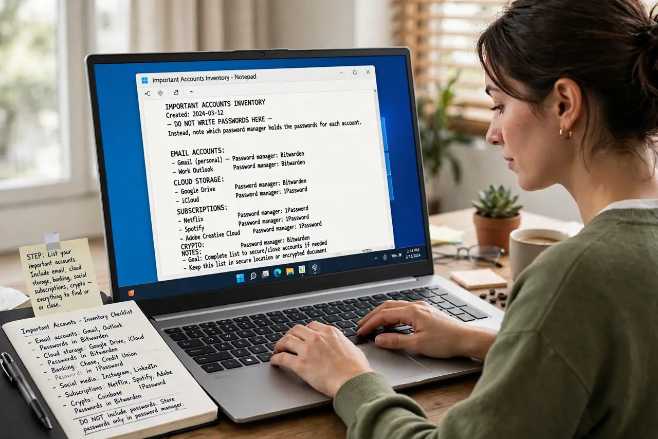 A person performing the first step of the guide: List your important accounts. Email, cloud storage, banking, social media, subscriptions, crypto — everything.