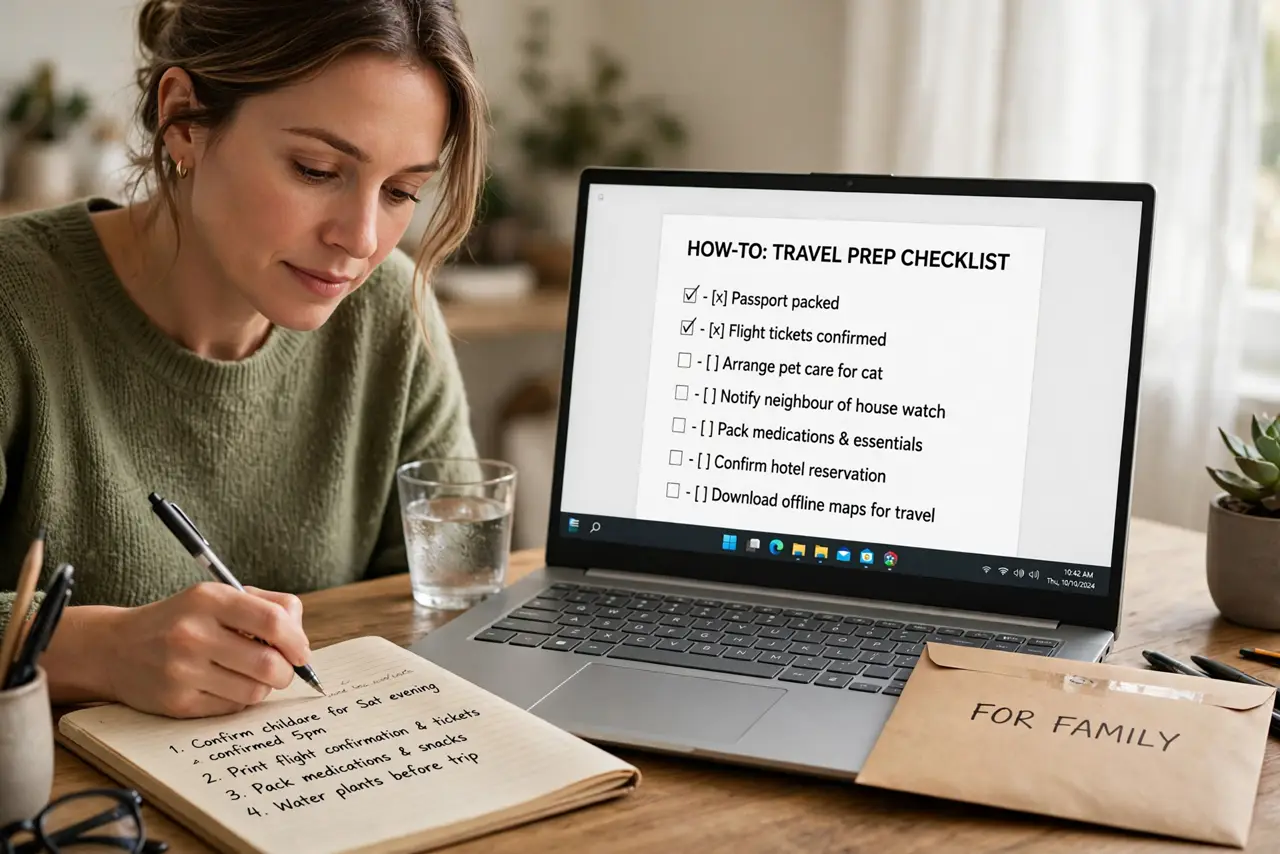 A person writing in a real notebook next to a real laptop showing a legible checklist document, a sealed envelope labeled for family beside it, the.