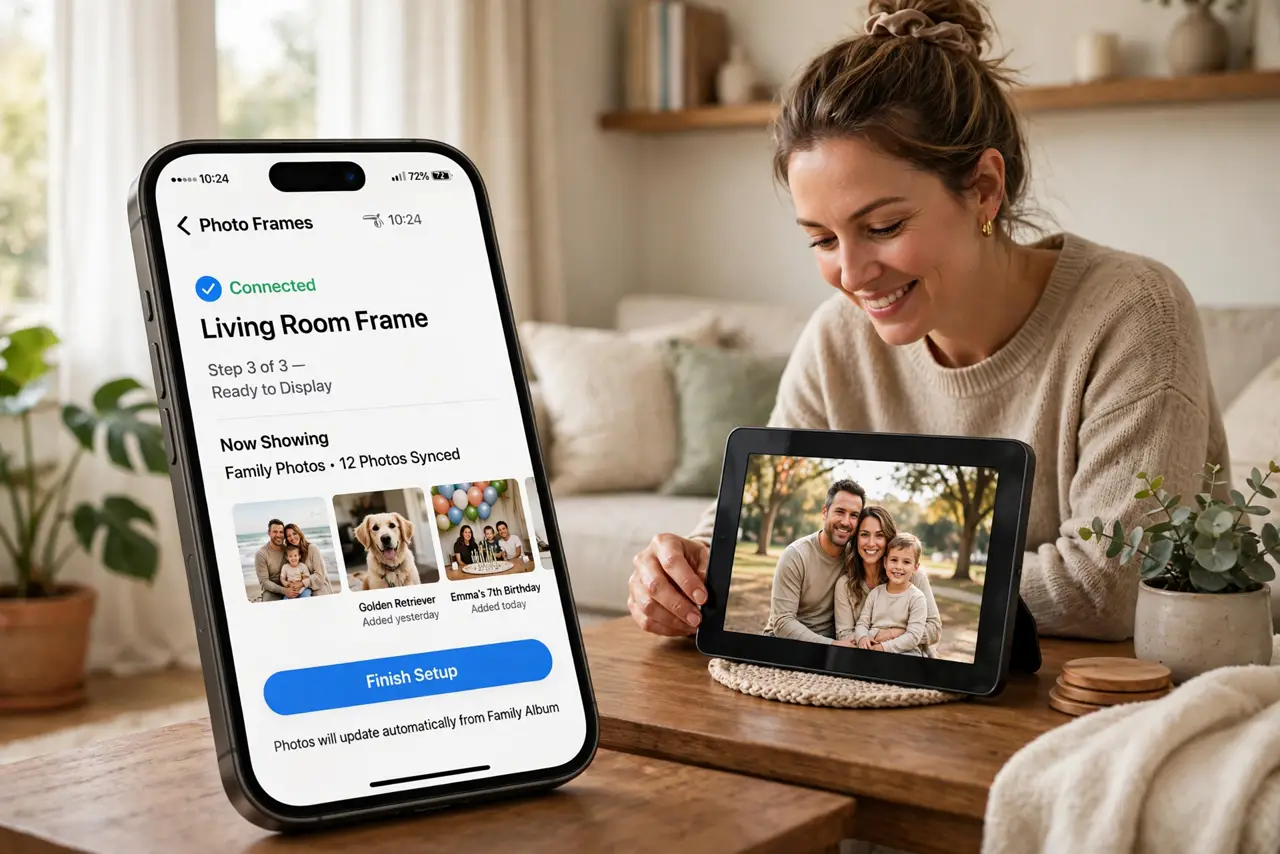 a person setting up a real digital photo frame on a side table showing family photos legibly on screen, a real iPhone with the companion app open beside it, ...