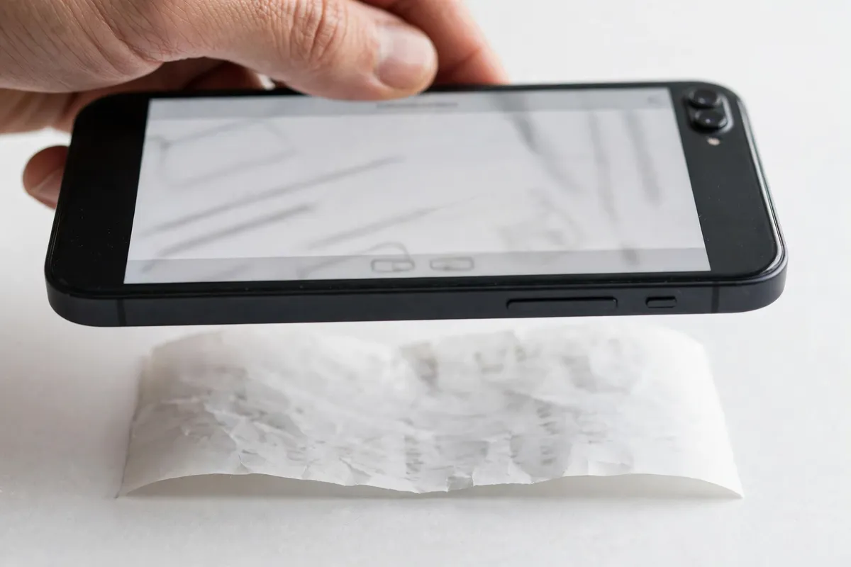 A close-up of a phone held steady over a paper receipt, showing a clean scan preview on its screen in bright light.