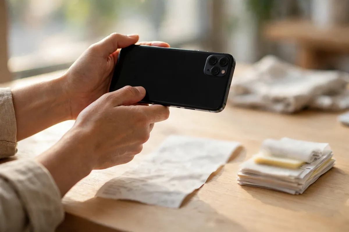 Hands holding a smartphone over a paper receipt laid flat on a bright wooden desk, with a small stack of paper receipts beside it.