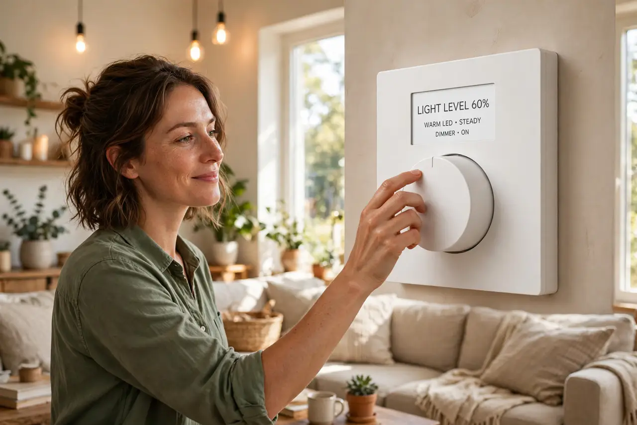 a person adjusting a real dimmer switch on a wall while warm LED bulbs glow steadily in the room, the person's face satisfied, cozy living room.