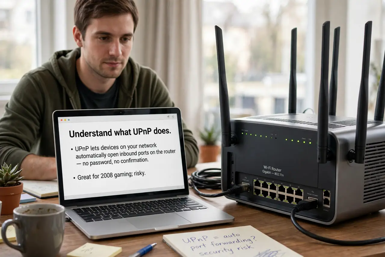 A person performing step 1: Understand what UPnP does. UPnP lets devices on your network automatically open inbound ports on the router — .