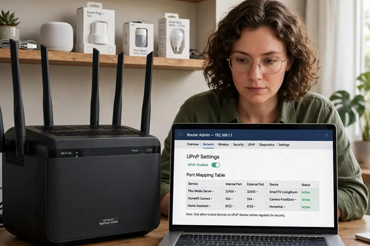 A person looking at a real router admin page on a laptop with legible UPnP settings, a few smart home gadgets on a shelf behind, the person's face.