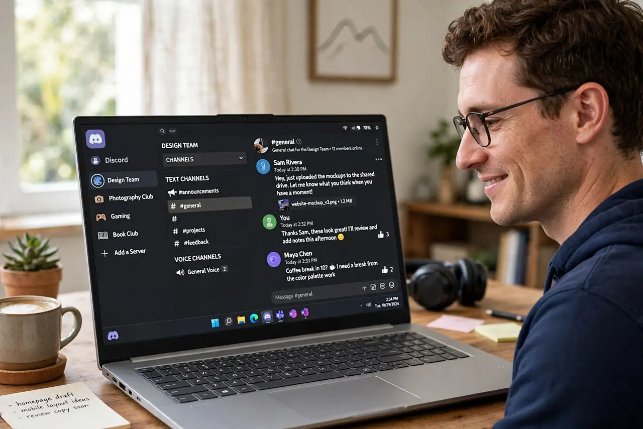 Photoreal photo: a person chatting in a real Discord app on a real laptop showing legible servers, channels, and messages, the person's face engaged and friendly, home office. No black screen, no blank white screen, no fake or garbled
