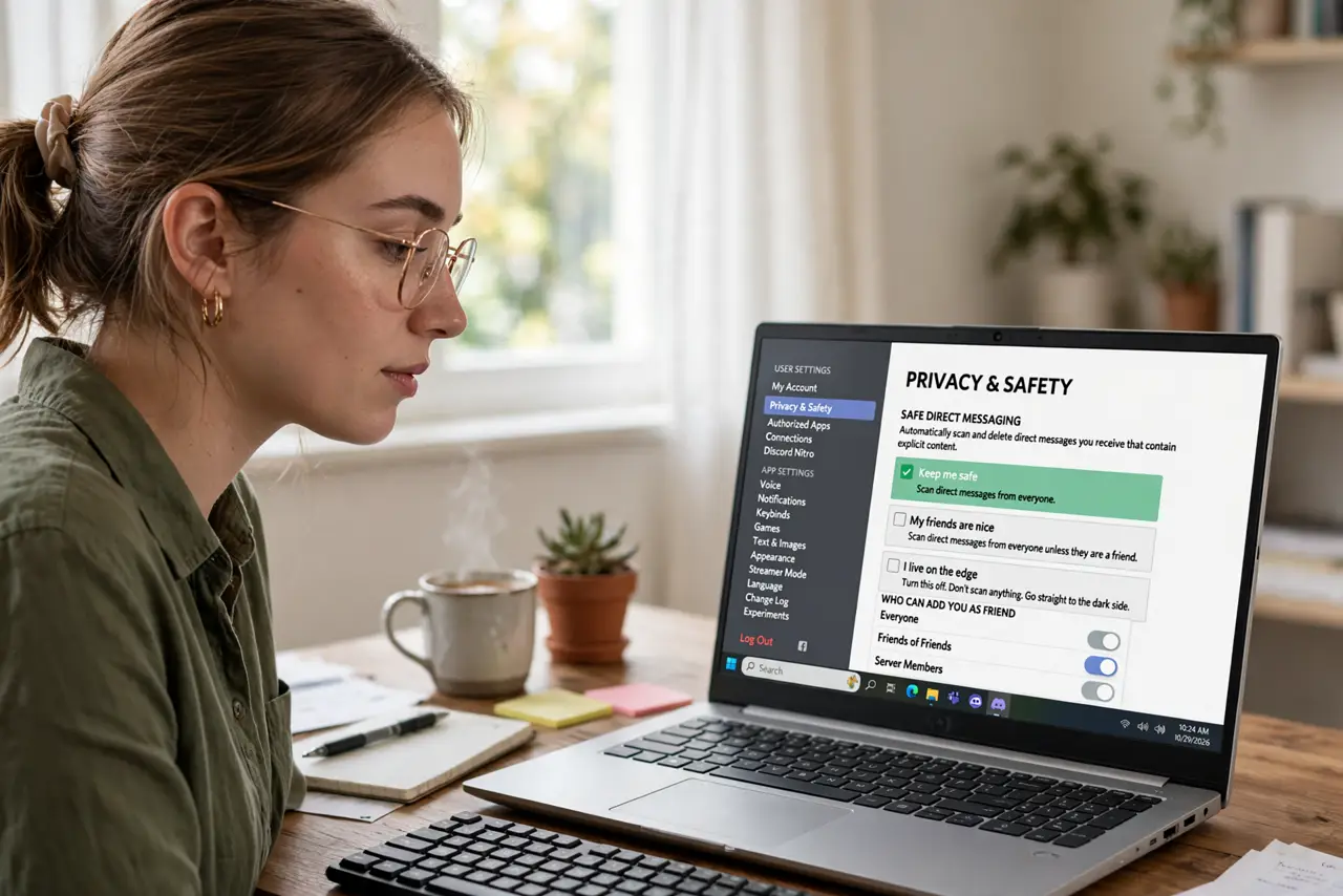 a person at a real desk with Discord settings open on a monitor showing the legible Privacy and Safety page, the person's face focused, home office.
