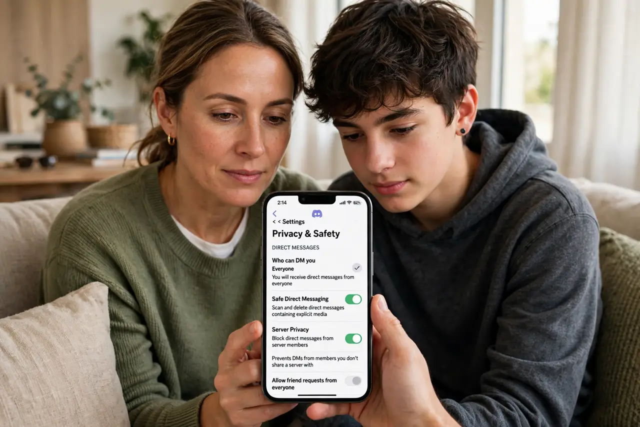 a parent and teen looking together at a real phone showing Discord privacy settings with legible text, both faces calm, living room couch.