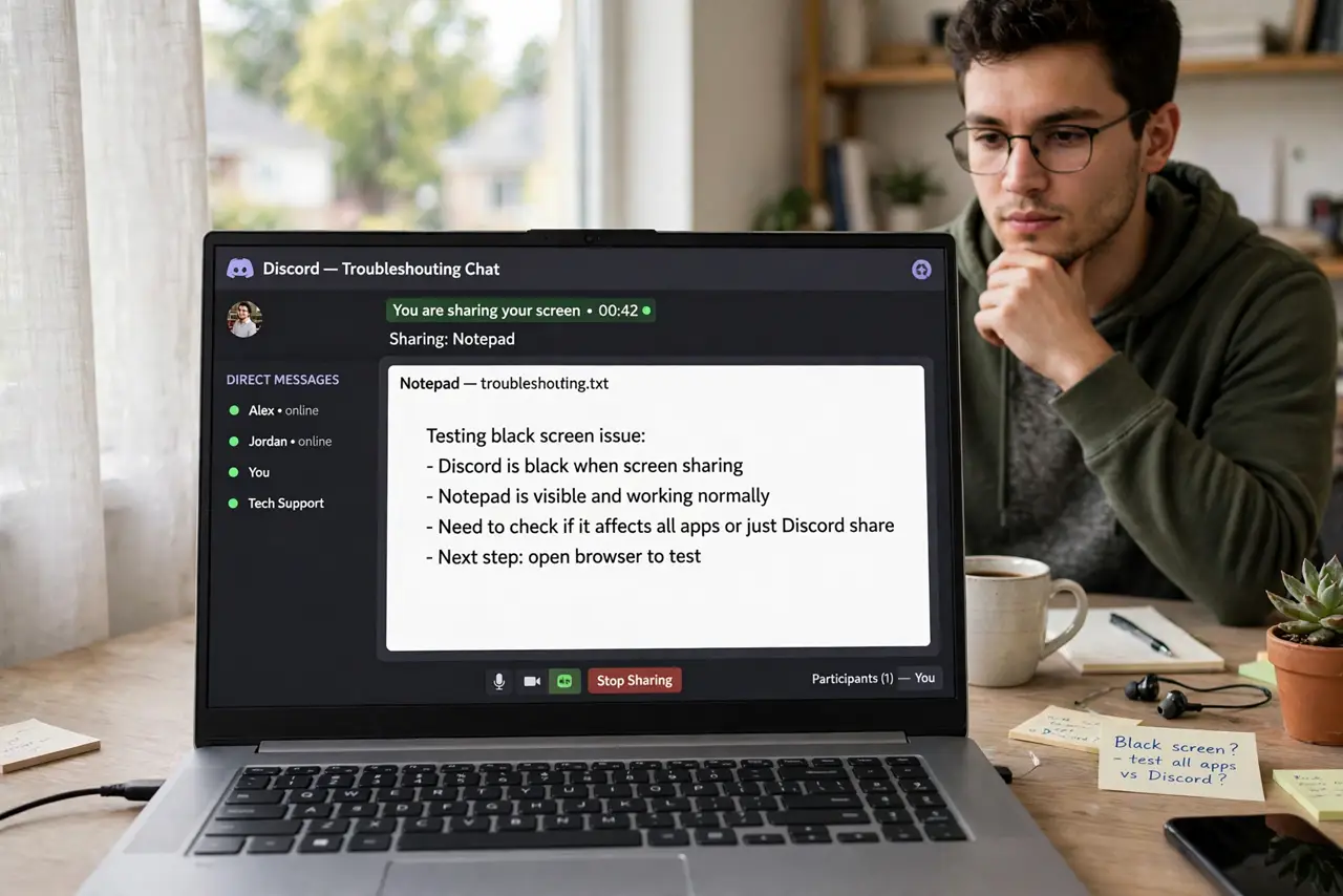 Photoreal photo of a person performing the first step: Figure out whether it is one app or all apps. Share a plain window like Notepad. If that wor...