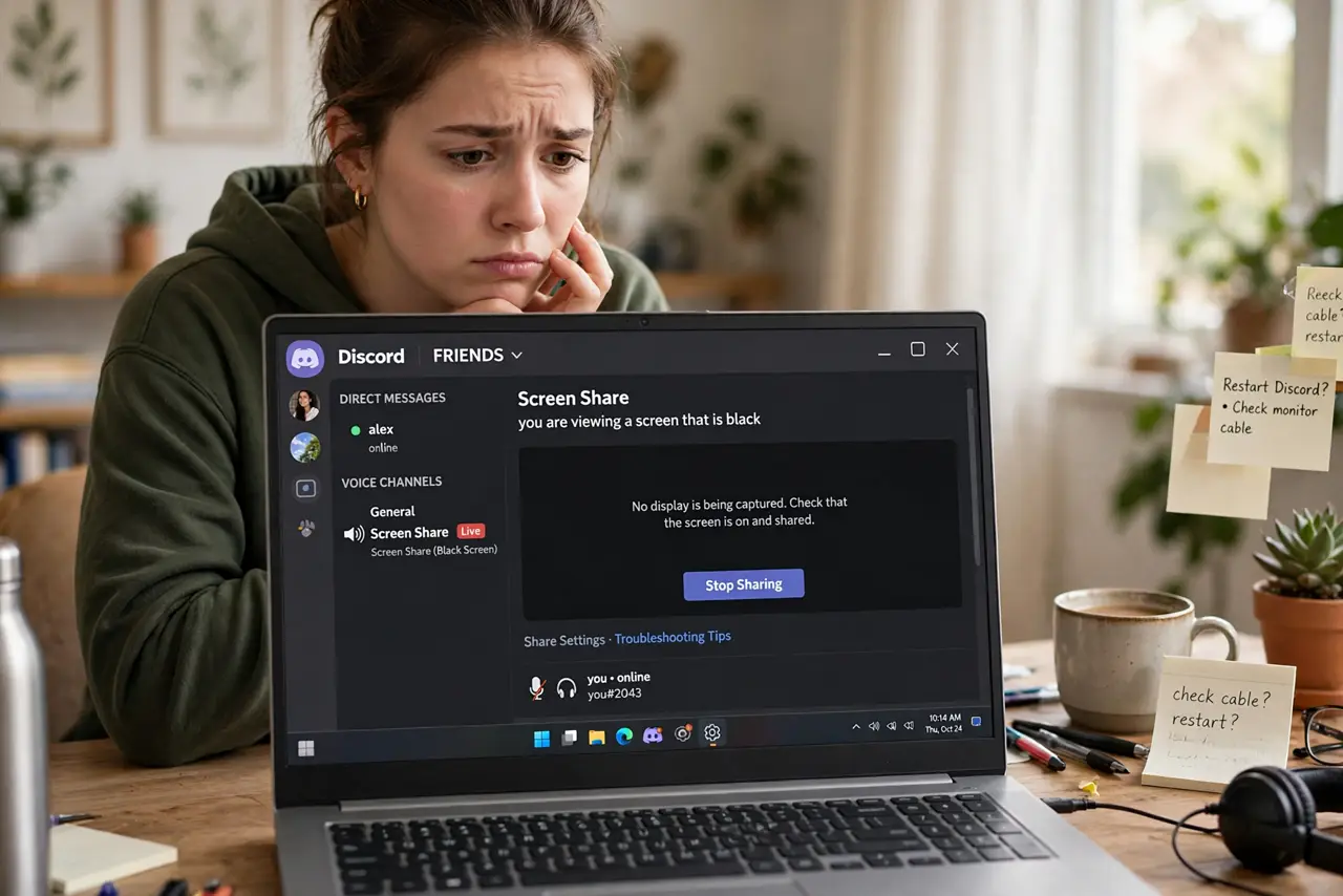 Photoreal photo: a person at a real PC with Discord open on a real monitor showing a screen-share window, the person looking puzzled then relieved, home office desk. No black screen, no blank white screen, no fake ...