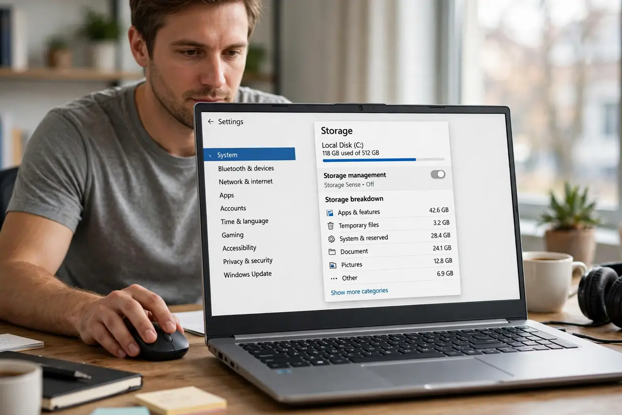 An adult opening Windows Storage settings to see which category uses the most space.