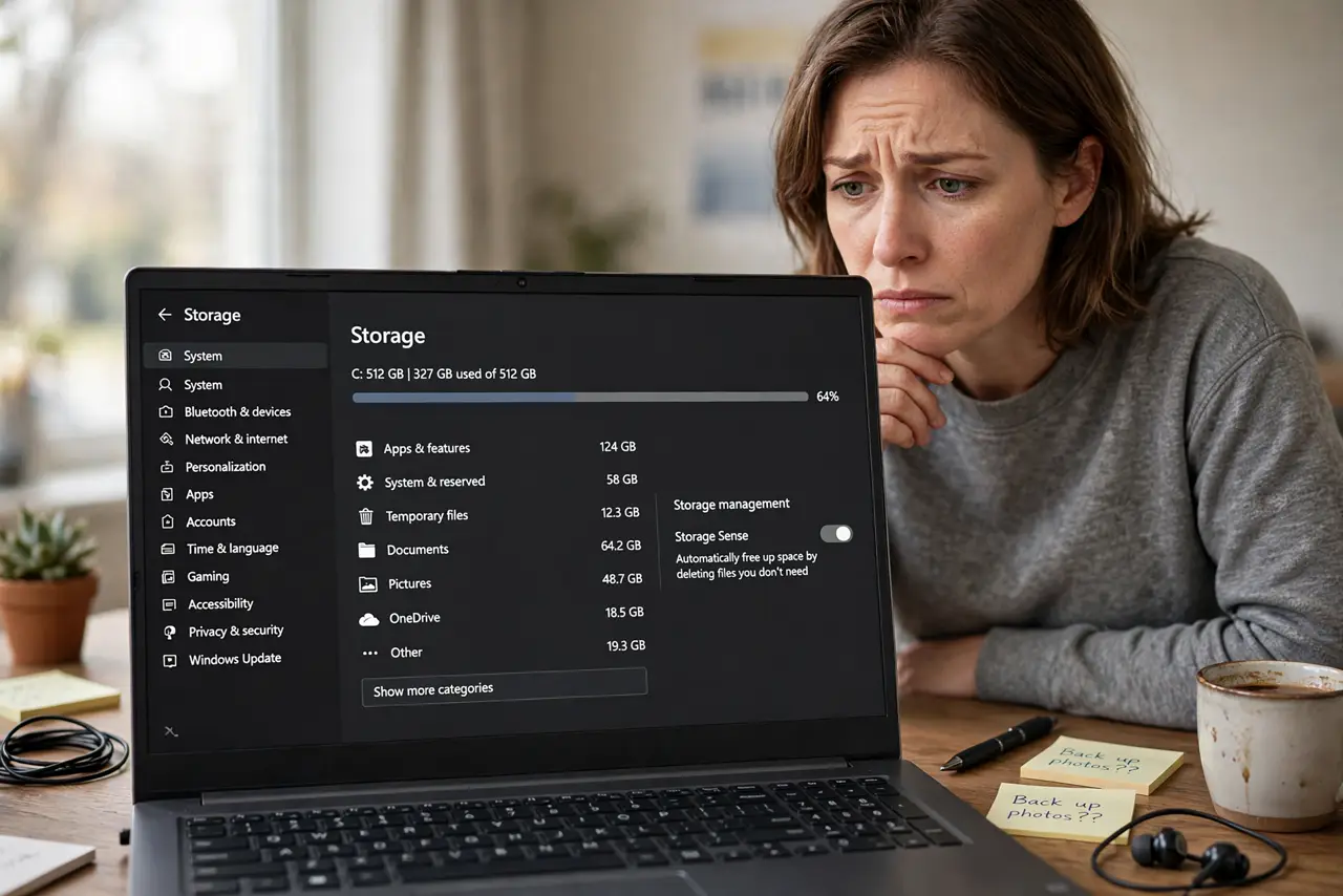 A worried adult looking at Windows Storage settings showing shrinking free space.