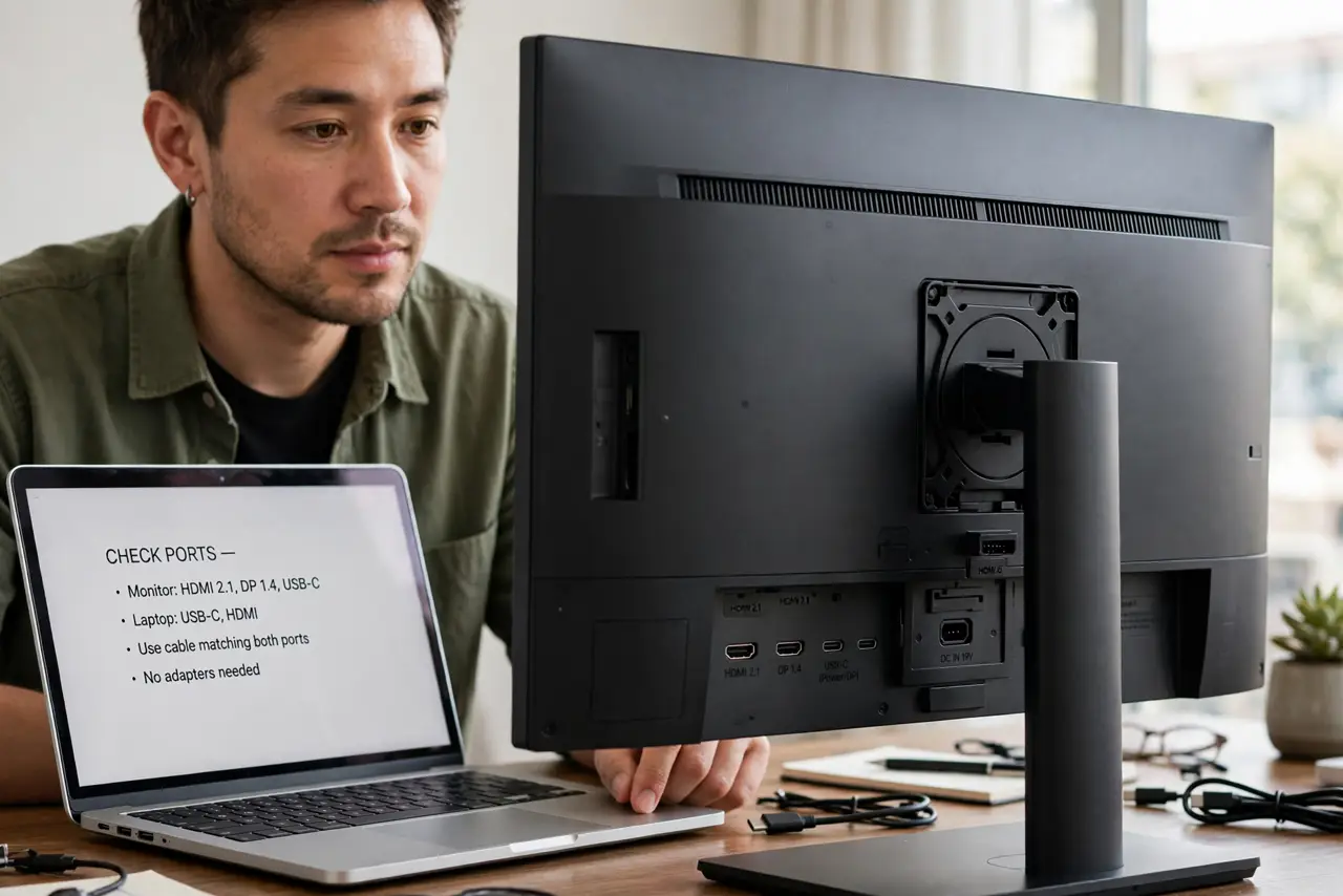 A person performing step 1 of the guide: Check which ports you actually have. Look at the back of the monitor and the computer. The best cable is the one that fits ports on both...