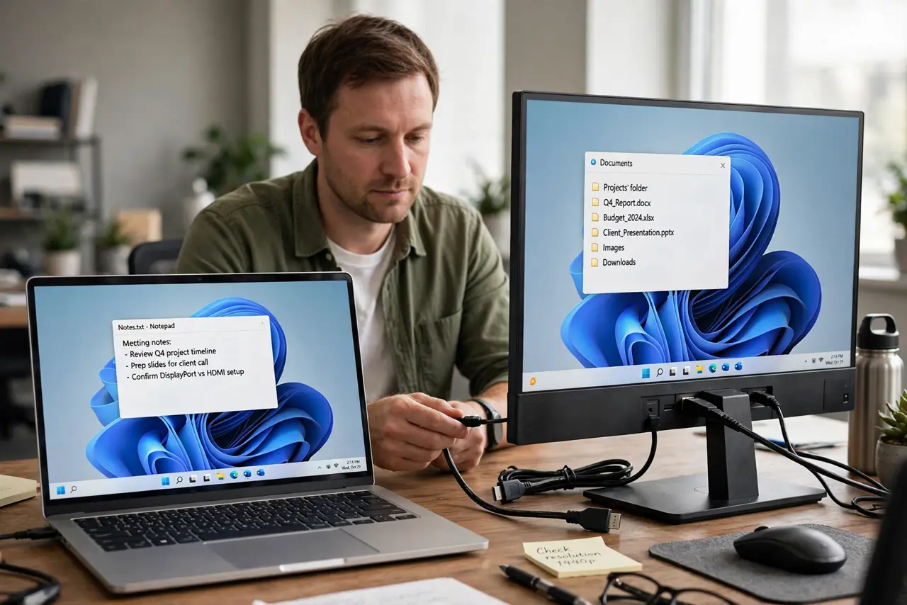 a calm adult at a desk connecting a real DisplayPort cable to a real office monitor, an HDMI cable beside it for comparison, the screen showing a normal desktop with legible text