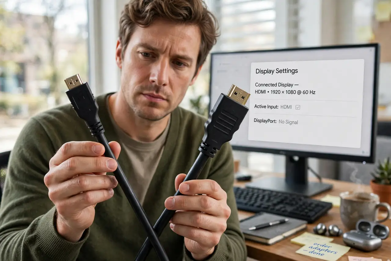 a person holding a real DisplayPort cable in one hand and a real HDMI cable in the other, a real monitor behind them, the person's face thoughtful, desk setup. No black screen, no .