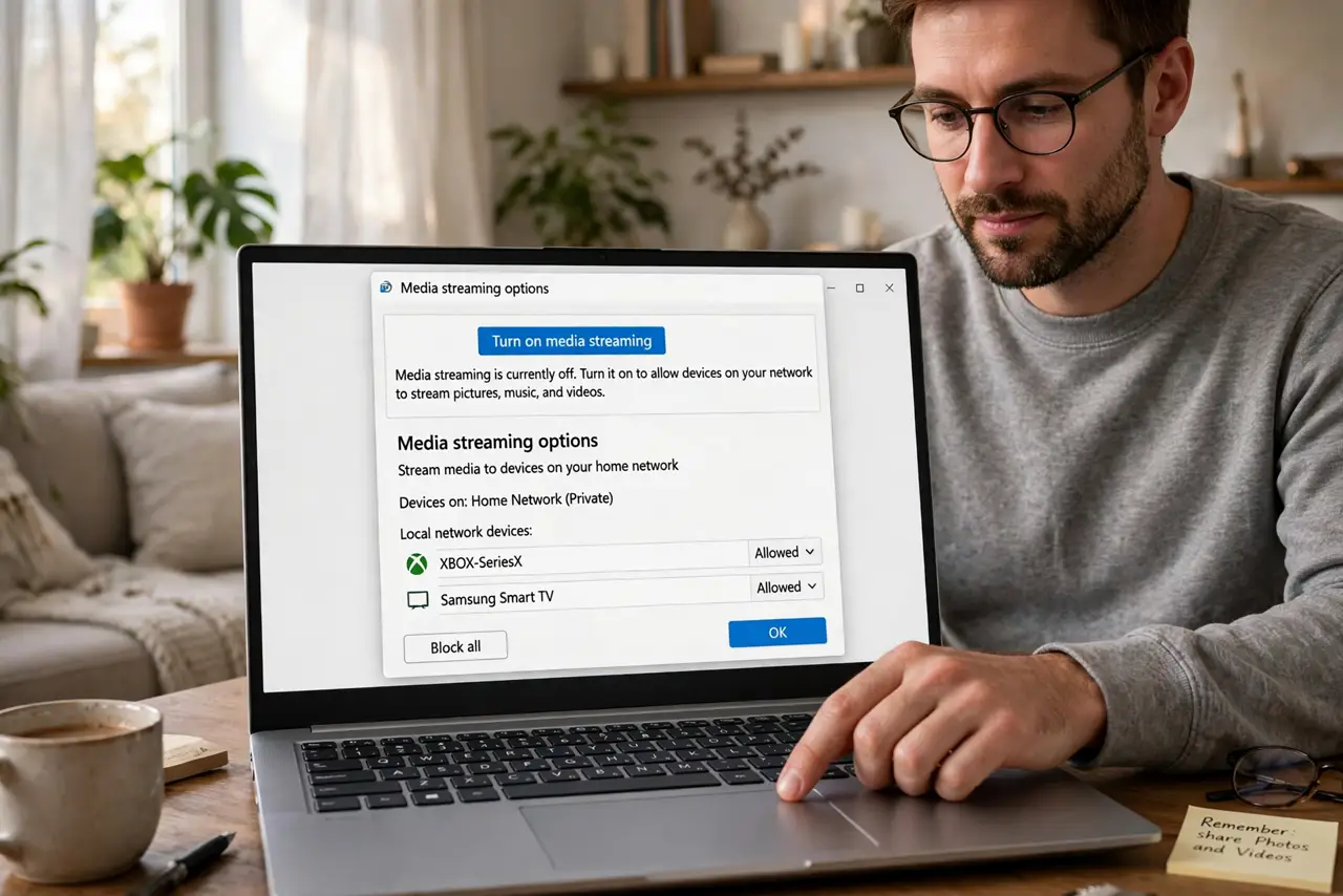 Photoreal photo of a person performing the first step: Turn on media streaming on the PC. In Windows, open the Network and Sharing Center's media s...
