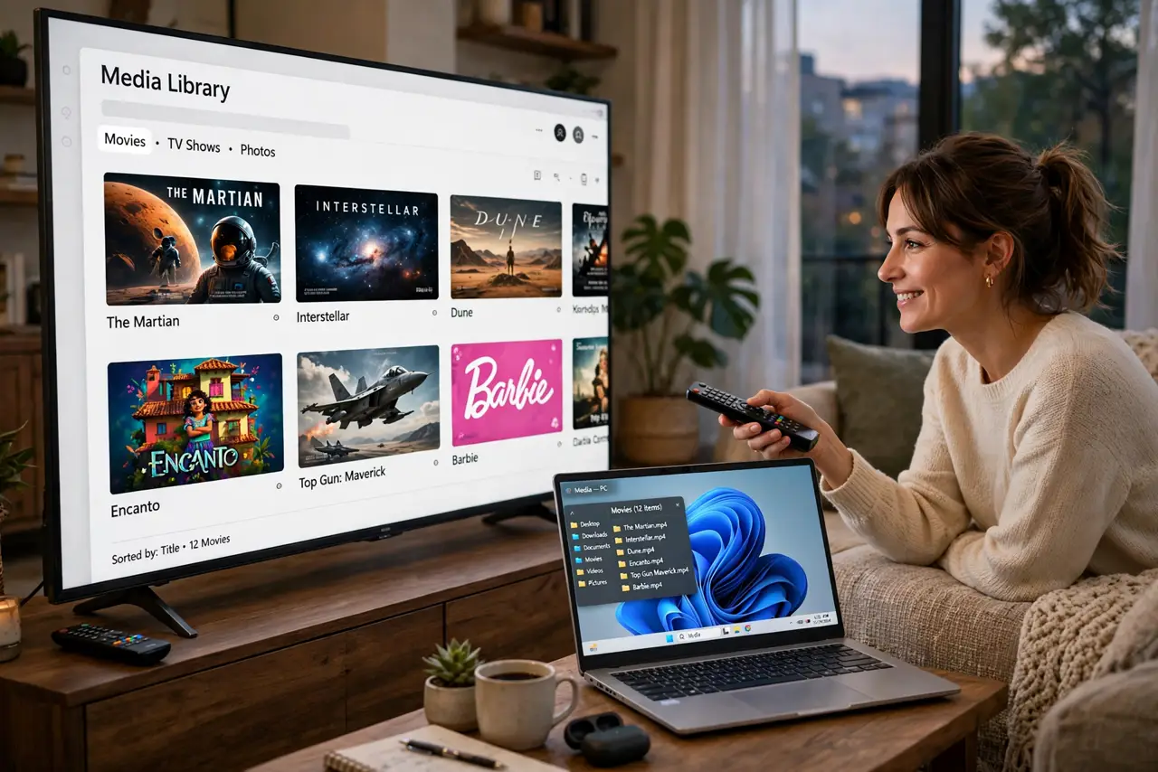 Photoreal photo: a person using a real TV remote while a real TV shows a media library browser with legible movie titles from a PC, a real laptop nearby, the person's face pleased, living room evening. No black scr...