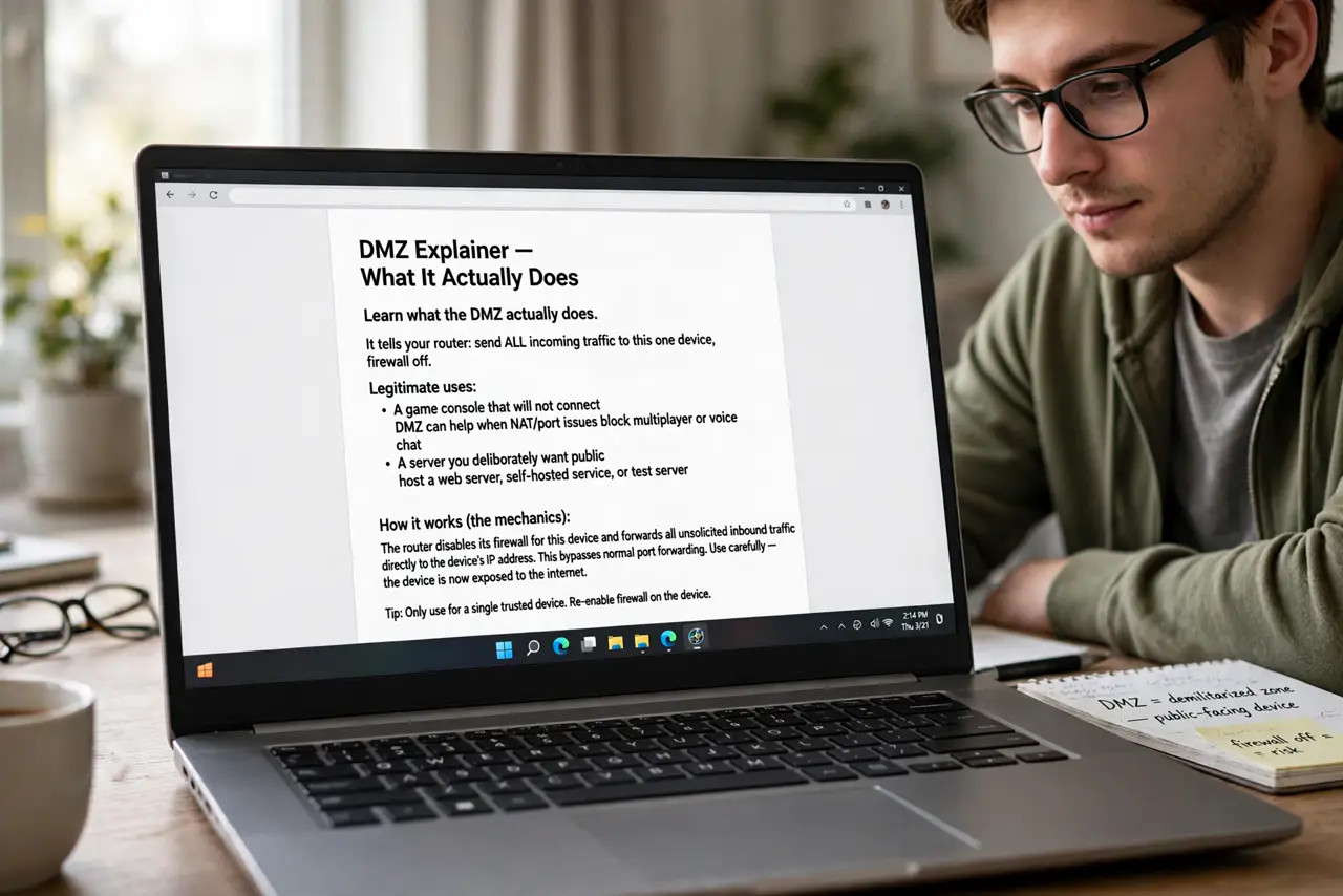 A person performing the first step of the guide: Learn what the DMZ actually does. It tells your router: send ALL incoming traffic to this one device, firewall.