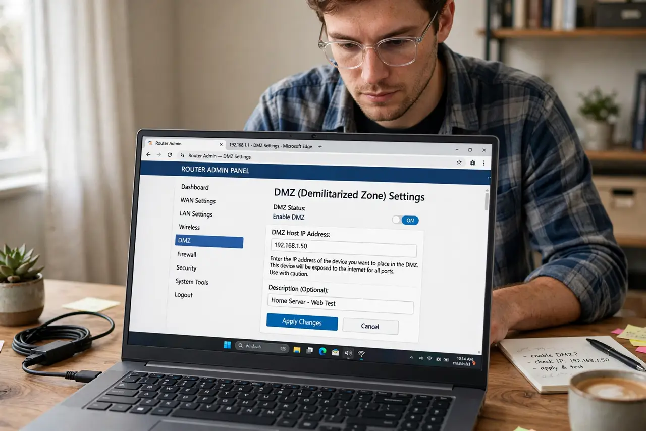 A person configuring a real router's admin page on a laptop screen with a legible DMZ settings section, the person's face focused and cautious, home.