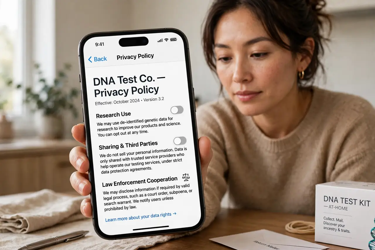 A person performing the first step: Read the privacy policy before buying. Not after the results arrive. The policy.