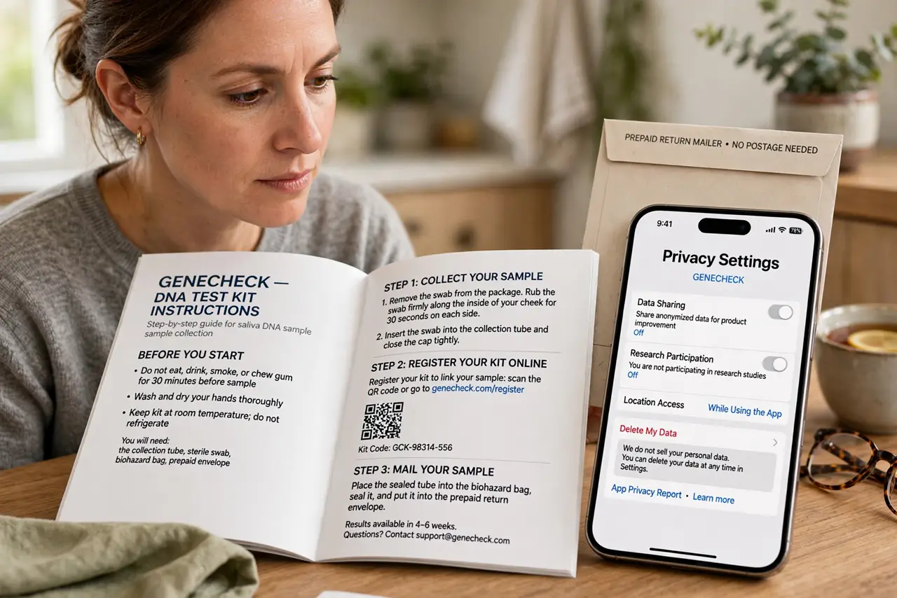 An adult reading a real DNA test kit instruction booklet at a kitchen table, a phone beside them showing the company's