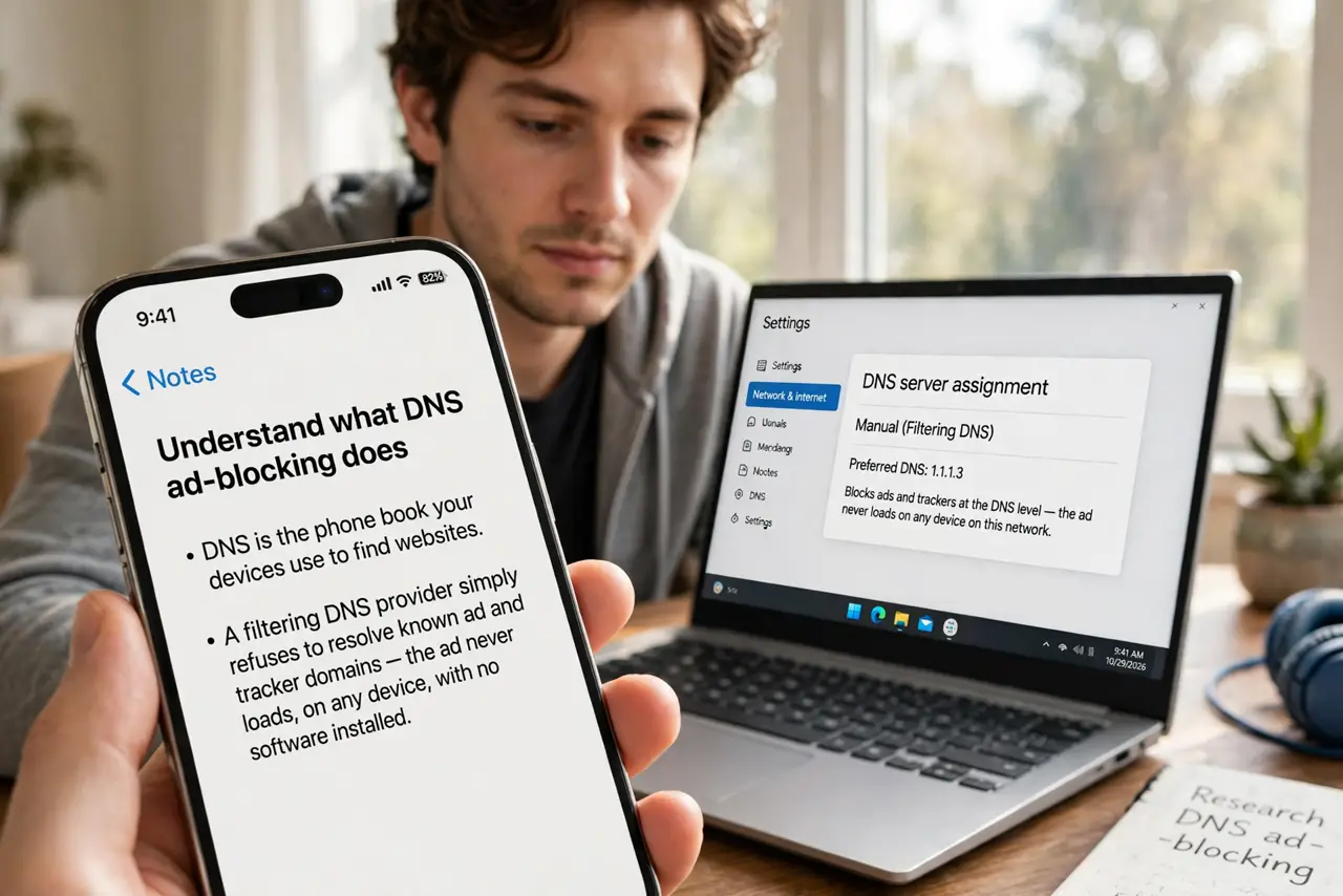 A person performing the first step of the guide: Understand what DNS ad-blocking does. DNS is the phone book your devices use to find websites. A filtering DNS.