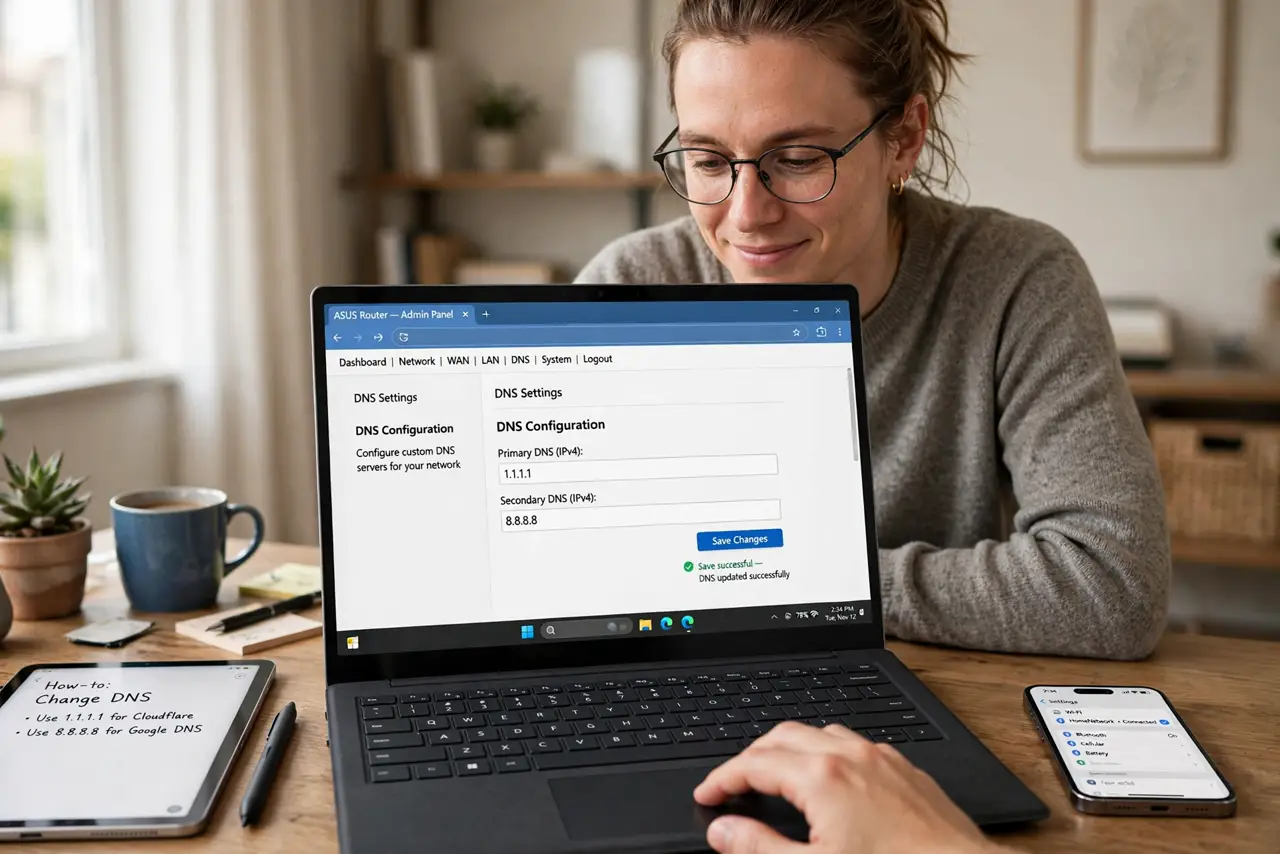 A person changing DNS settings on a real laptop showing a router admin page with legible DNS fields, a phone and tablet nearby, the person's face.