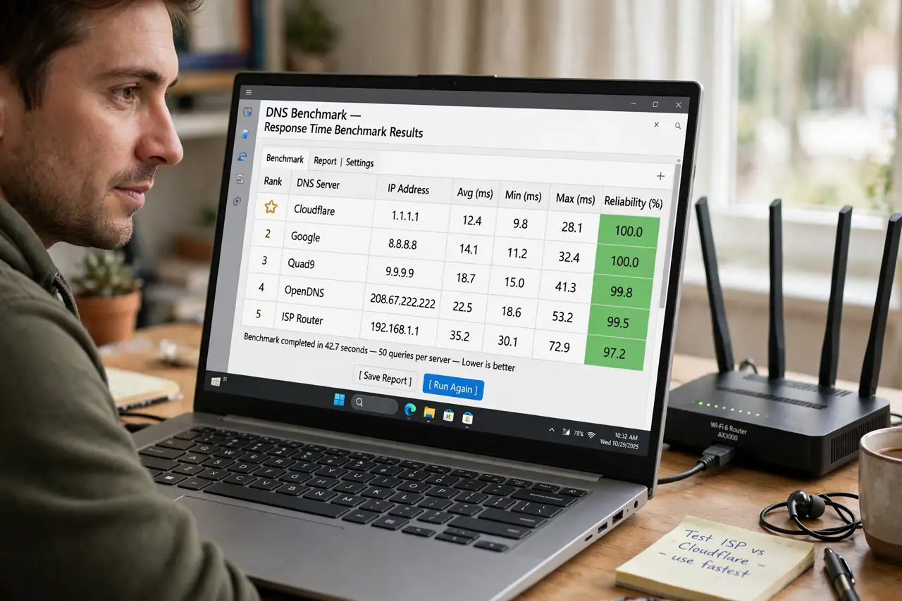 a person looking at a real laptop showing a DNS benchmark tool with legible response-time results ranked in a table, a real router beside the laptop, the per...
