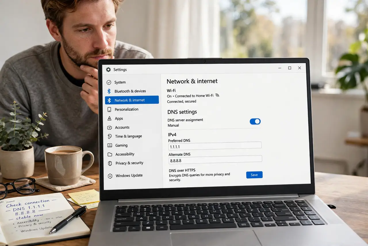 Can Changing DNS Speed Up Browsing — a person looking at a real laptop showing network settings with DNS fields legible on screen, the person's fac