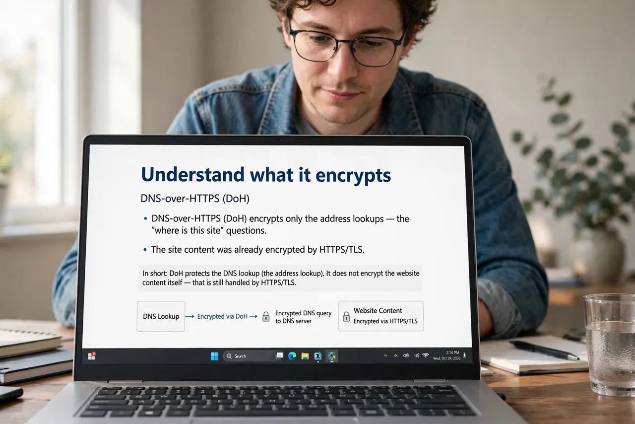 A person performing the guide's first step: Understand what it encrypts. DNS-over-HTTPS (DoH) encrypts only the address lookups — the 'where is this site' questions. The site content…