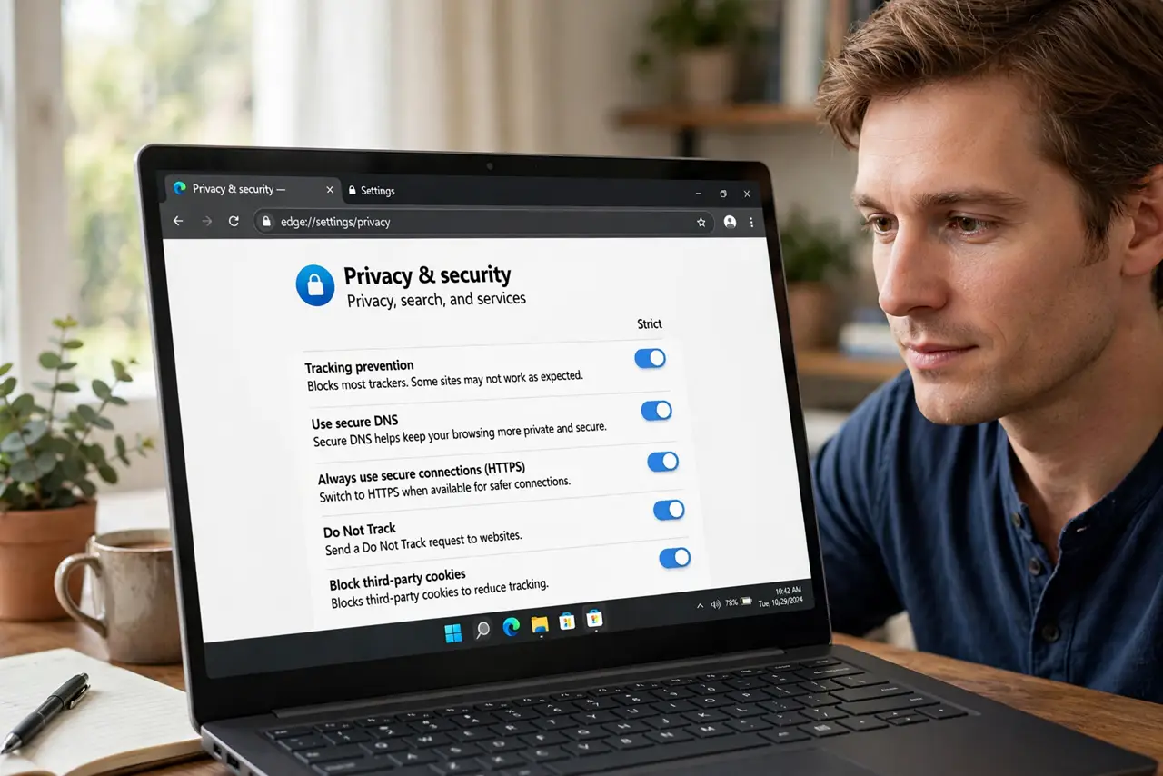 A person at a real laptop showing browser privacy settings with legible toggles, a lock icon motif on screen, the person's face calm and assured, home office.