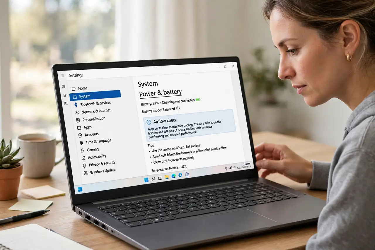 A person calmly performing the guide's first step: Check where your laptop breathes.