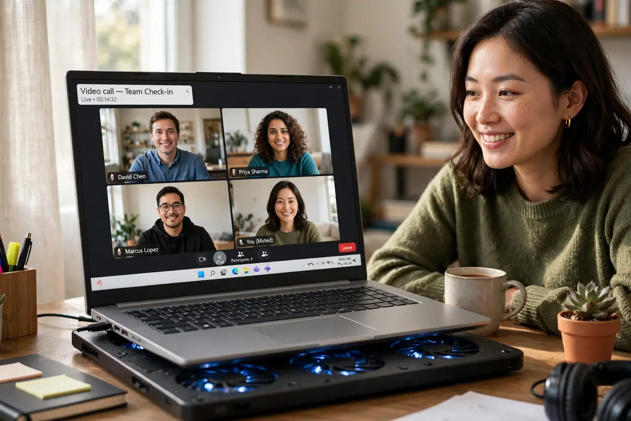 a person using a real laptop sitting on a real cooling pad with visible fans on a desk, the screen showing a video call legibly, the person's face comfortable, home office. No blac.