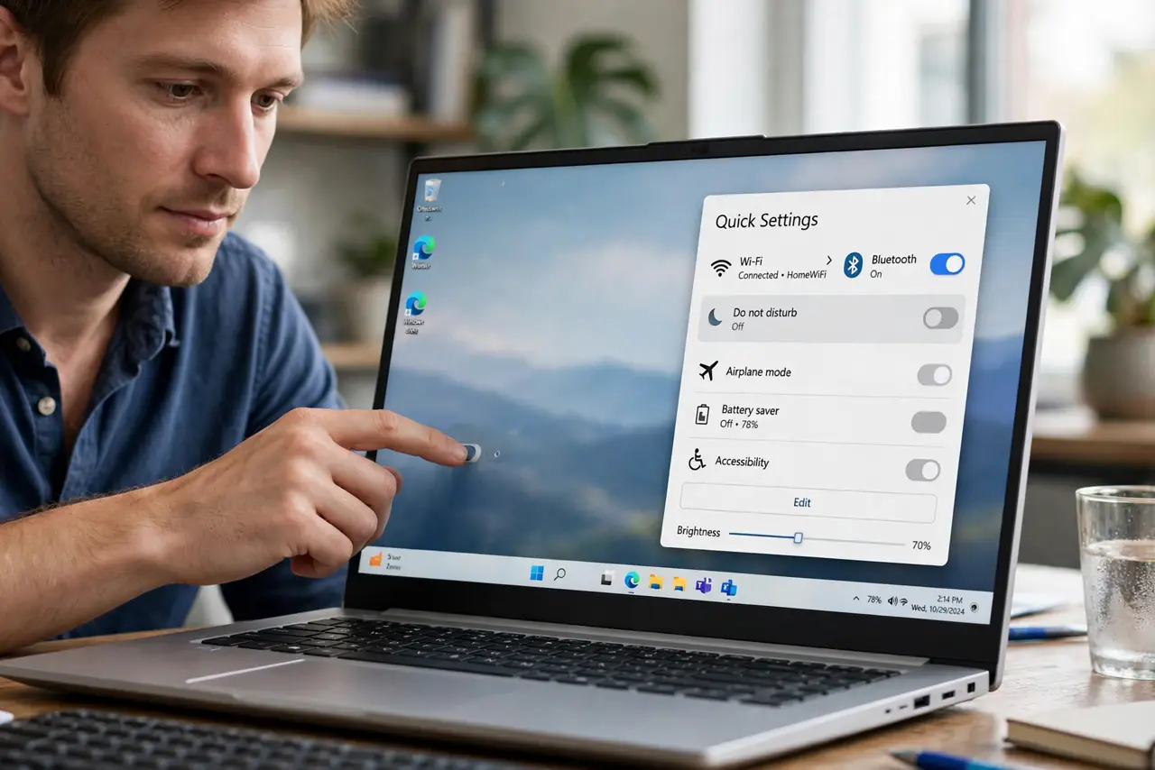 A focused man turns off Do not disturb in the Windows Quick Settings panel.