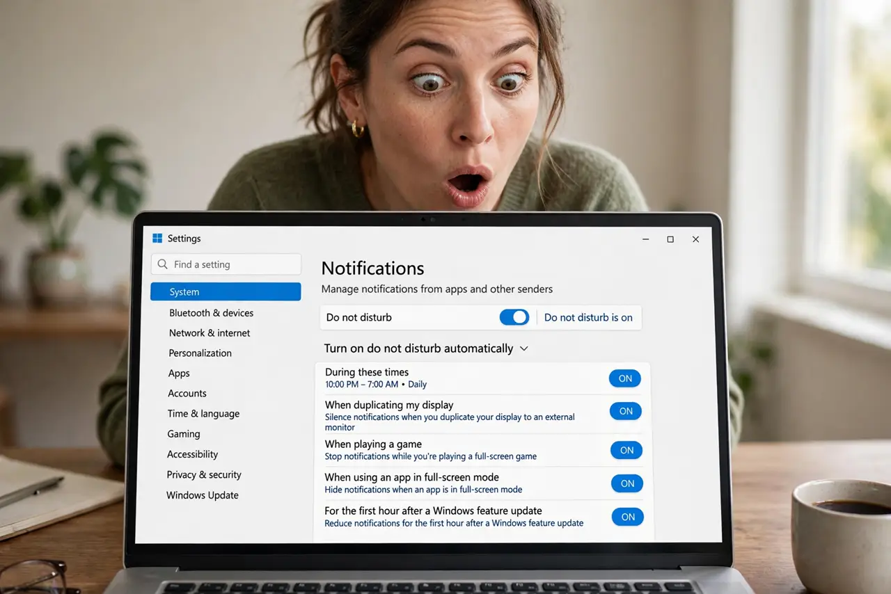 A surprised woman checks the Do not disturb automatic rules on a Windows laptop.