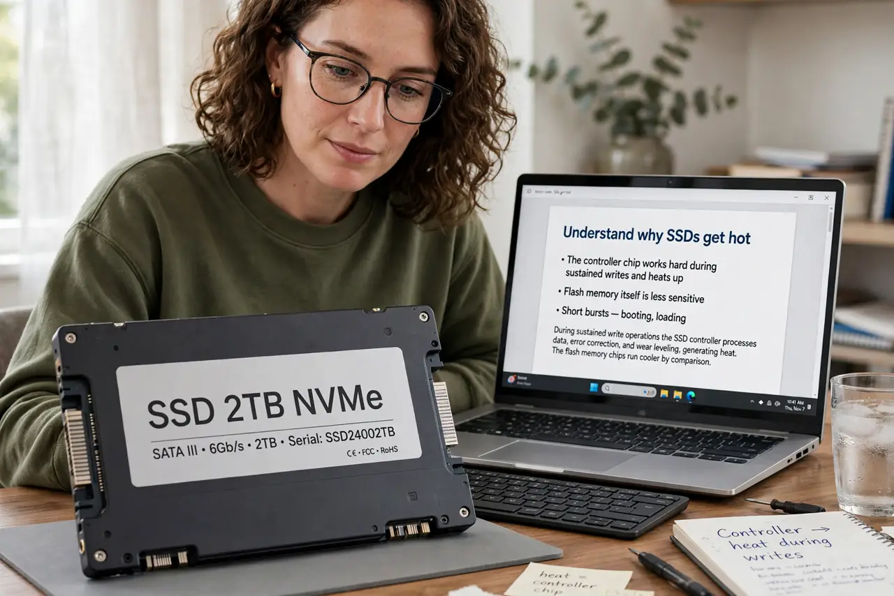 A person performing step 1: Understand why SSDs get hot. The controller chip works hard during sustained writes and heats up; flash memory.