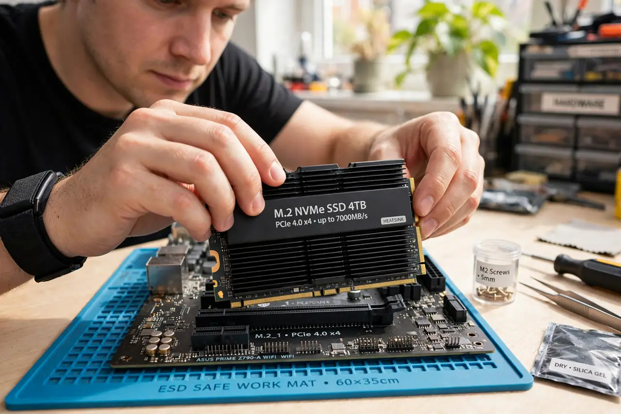 A person installing a real M.2 SSD with a heatsink into a motherboard, the heatsink and drive clearly visible, the person's hands careful, bright workbench.