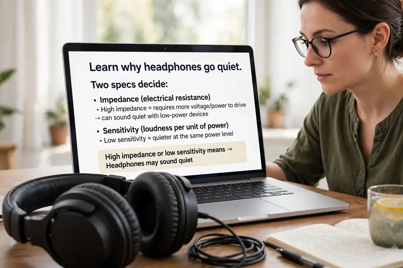 A person performing step 1: Learn why headphones go quiet. Two specs decide: impedance (electrical resistance) and sensitivity (loudness p.