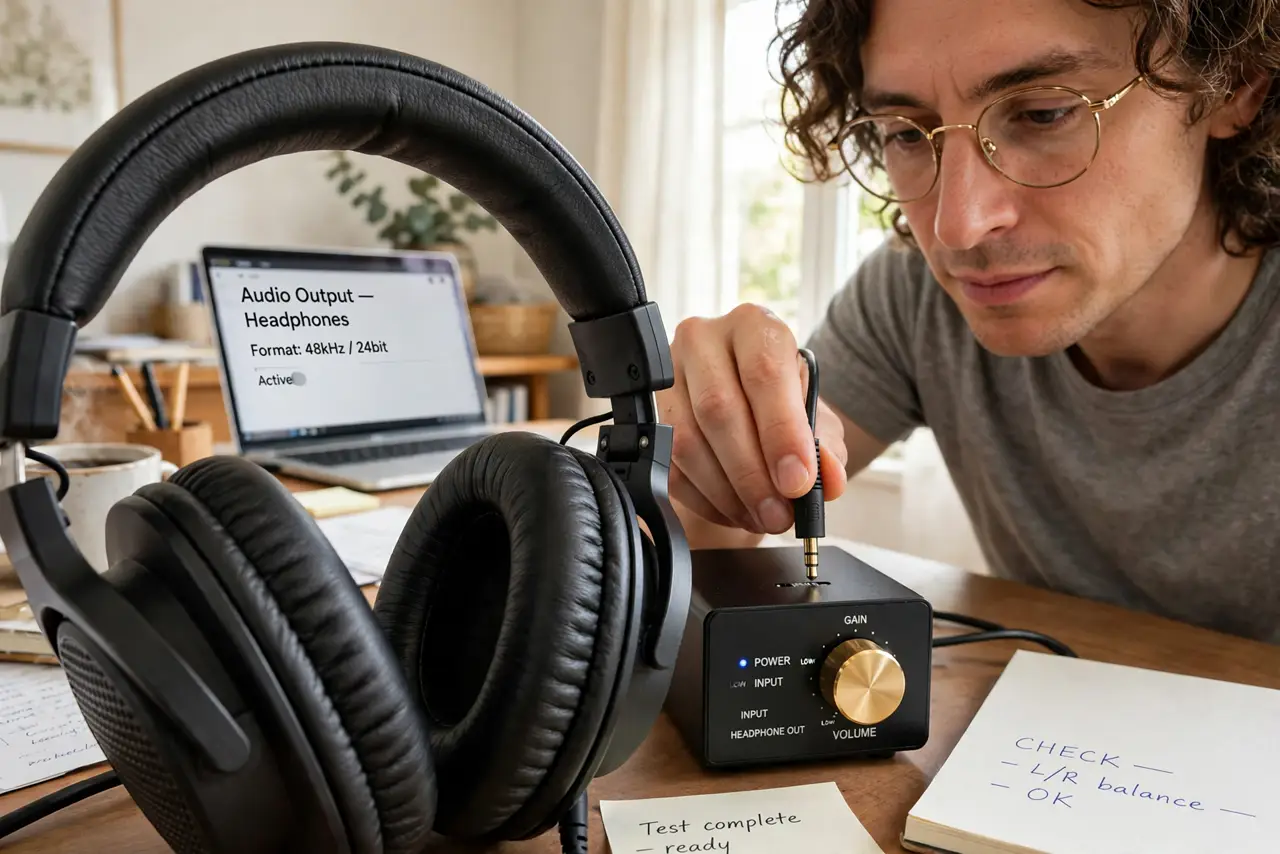 A person plugging real over-ear headphones into a small real desktop headphone amplifier on a desk, the amp's volume knob visible, the person's face curious, home office.