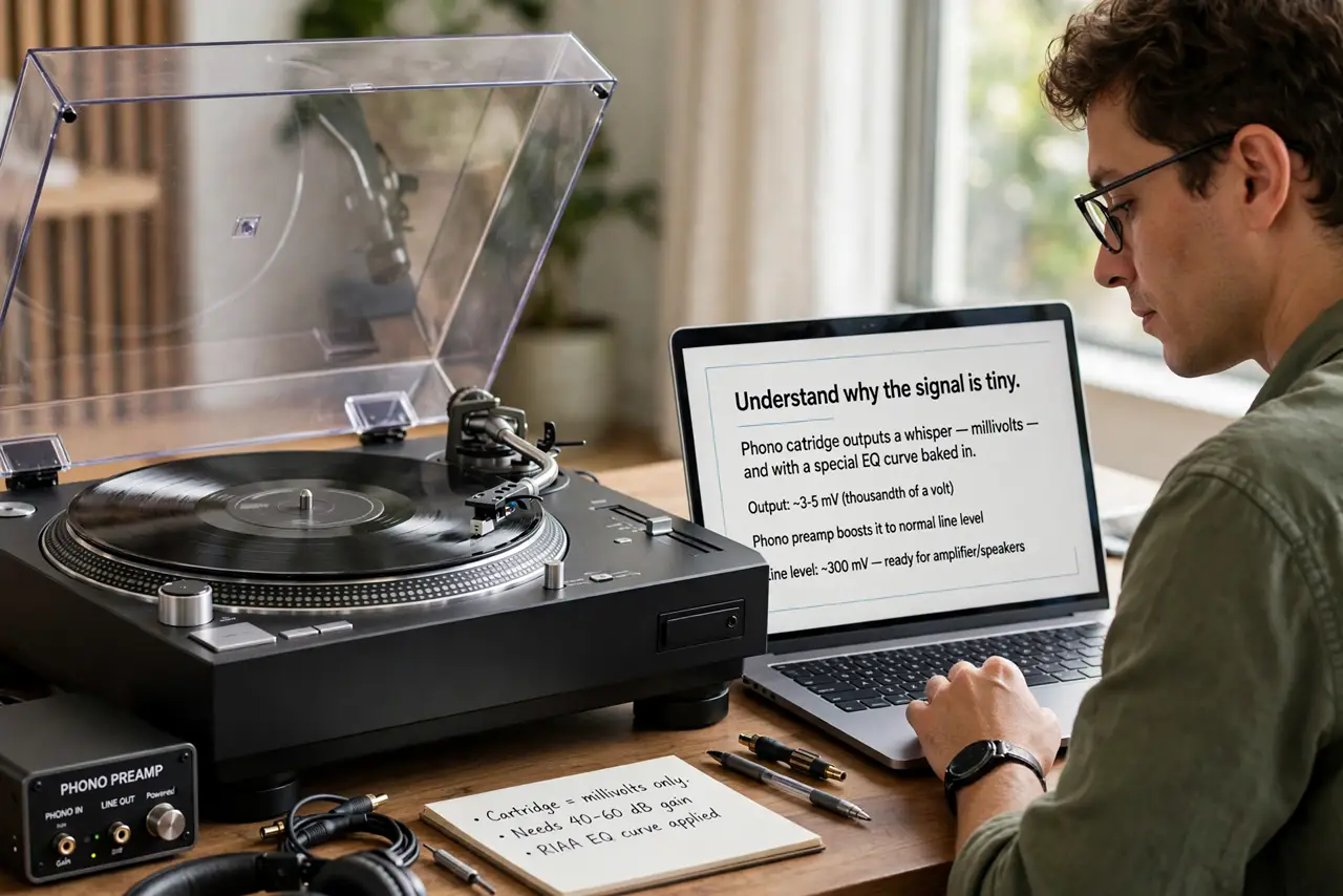 A person performing step 1: Understand why the signal is tiny. A phono cartridge outputs a whisper — millivolts — and with a special EQ cu.