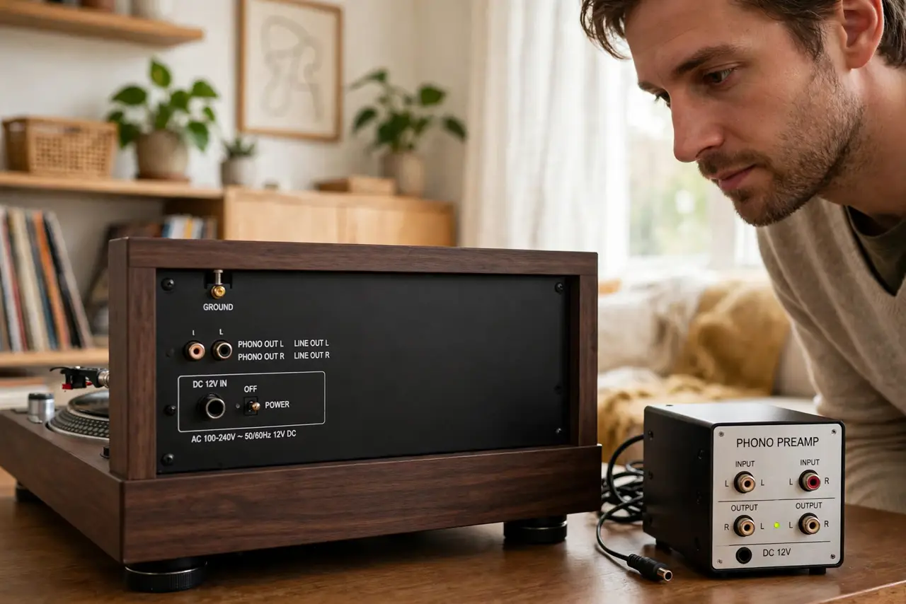 A person looking at the back of a real turntable showing input labels legibly, a small external phono preamp box beside it, the person's face curious, warm living.