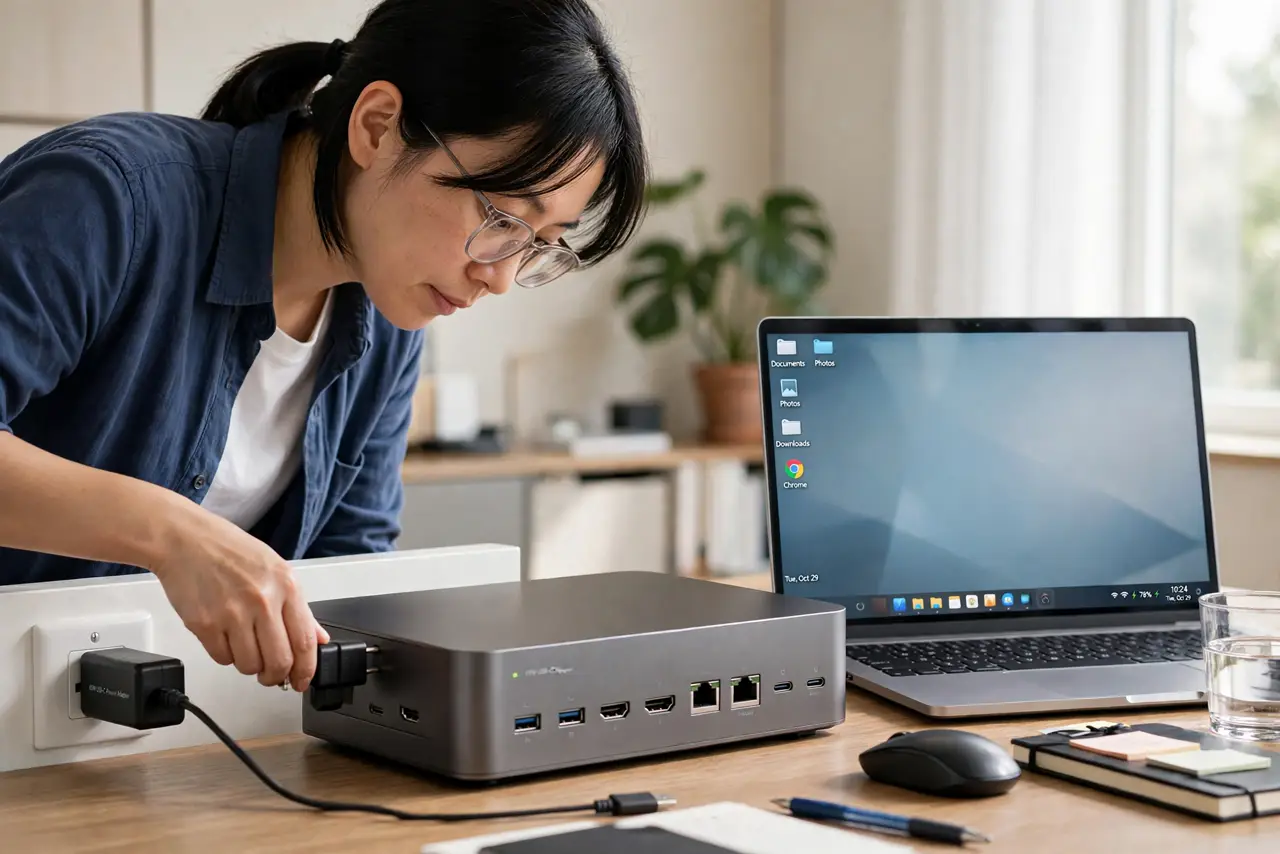 A person performing step 1 of the guide: Power the dock with its own adapter. Plug the dock's power brick into the wall before connecting anything else. A dock running on laptop...