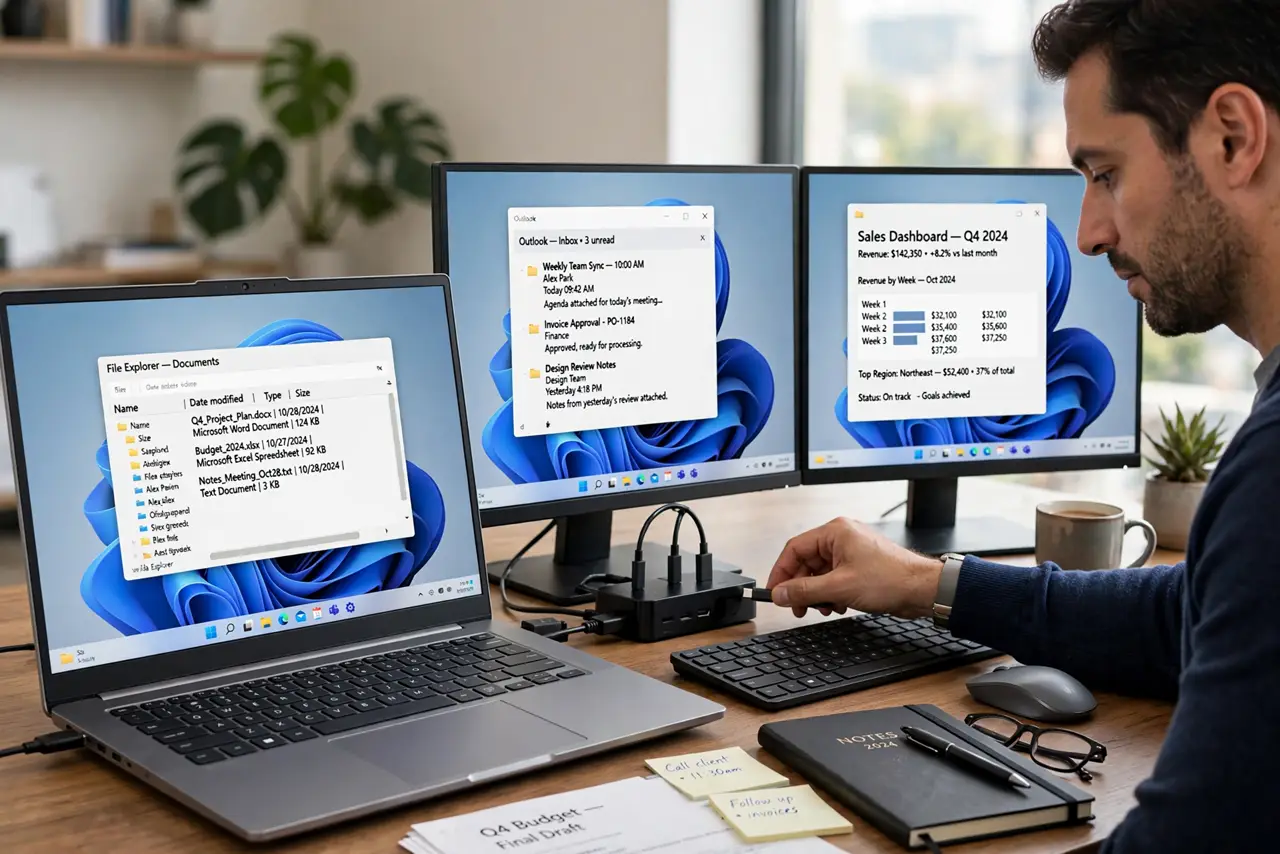 a calm adult connecting a single cable from a real laptop to a real docking station on a desk, two monitors showing normal desktops with legible text, cables neatly arranged