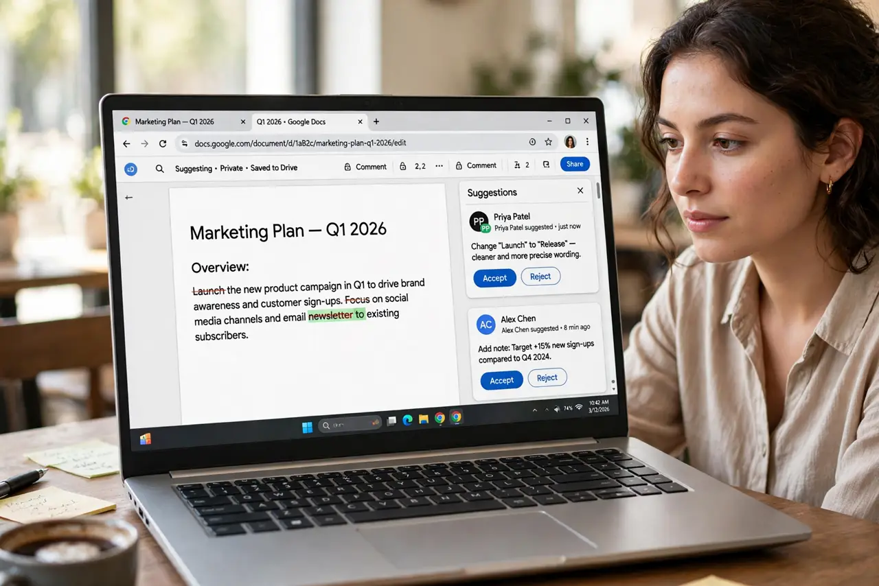 A person performing the first step: Open the document with suggestions. Suggested edits appear as colored markup with the suggester's name. Open the.