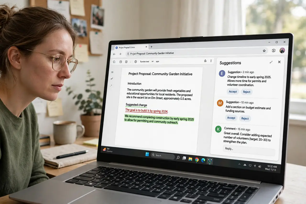 A person reviewing a real laptop showing a Google Docs document full of colored suggestion markup with the review panel fully legible, the person's face thoughtful, home office.