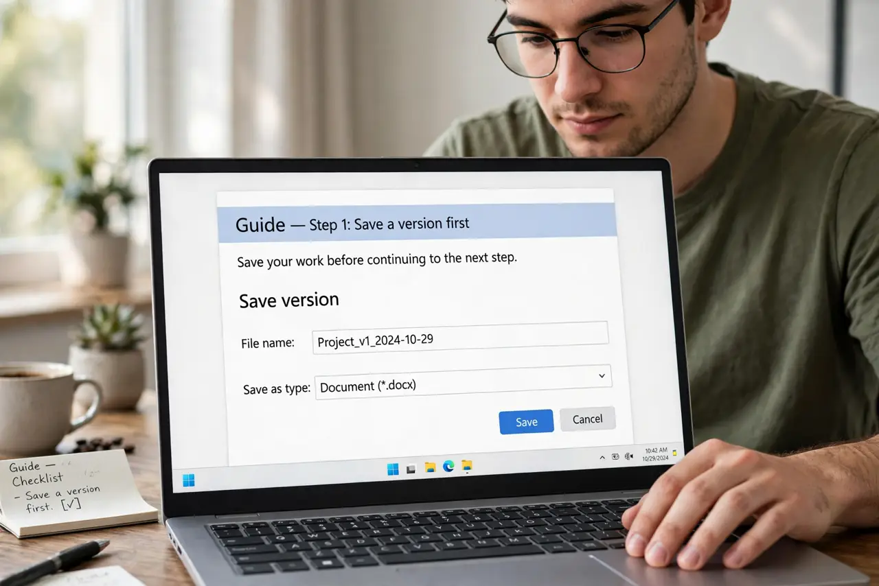 A person doing the guide's first step: Save a version first.