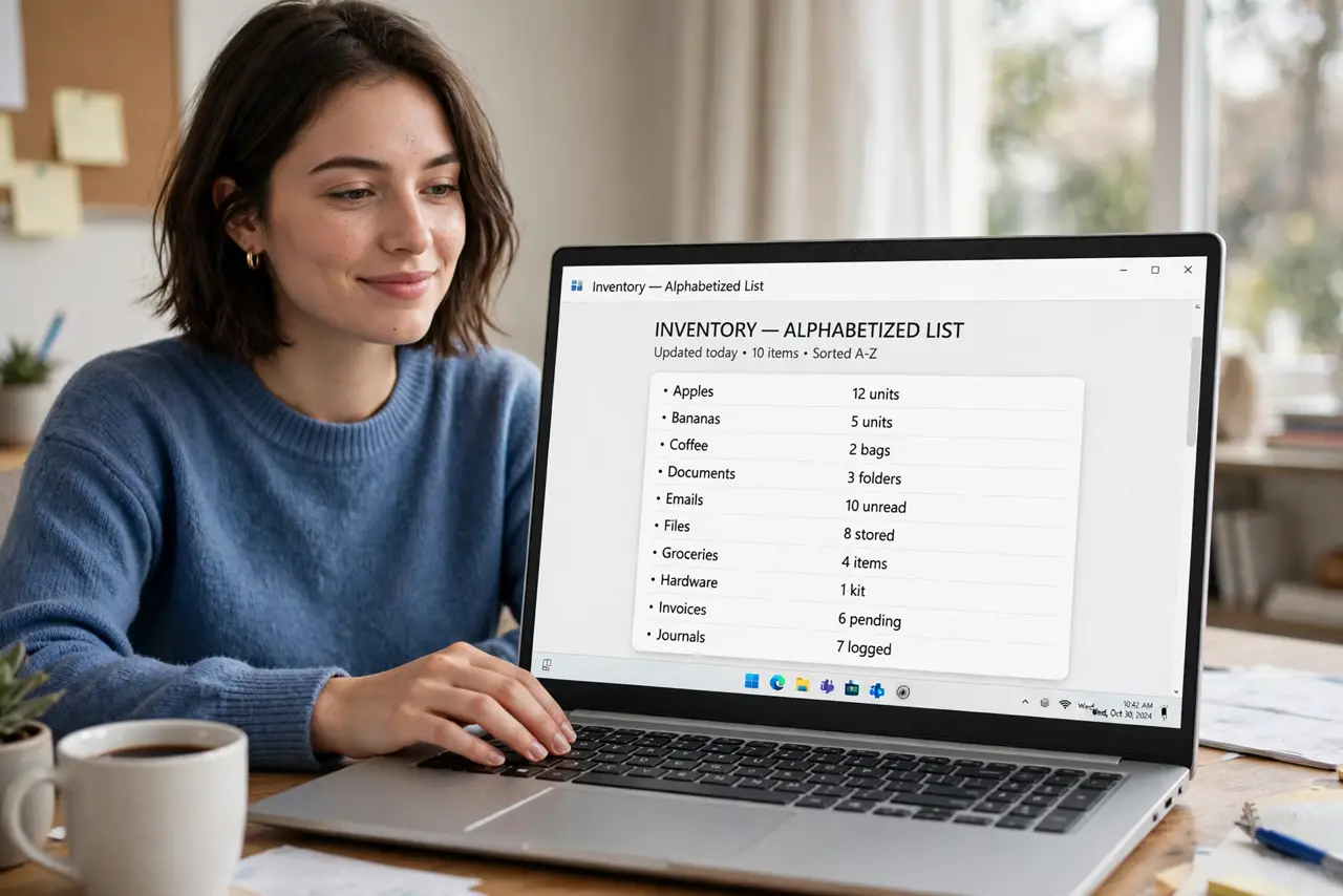 A person at a desk with a real laptop showing a neatly alphabetized list on screen with legible items, a hand on the keyboard, the person's face calm and satisfied.