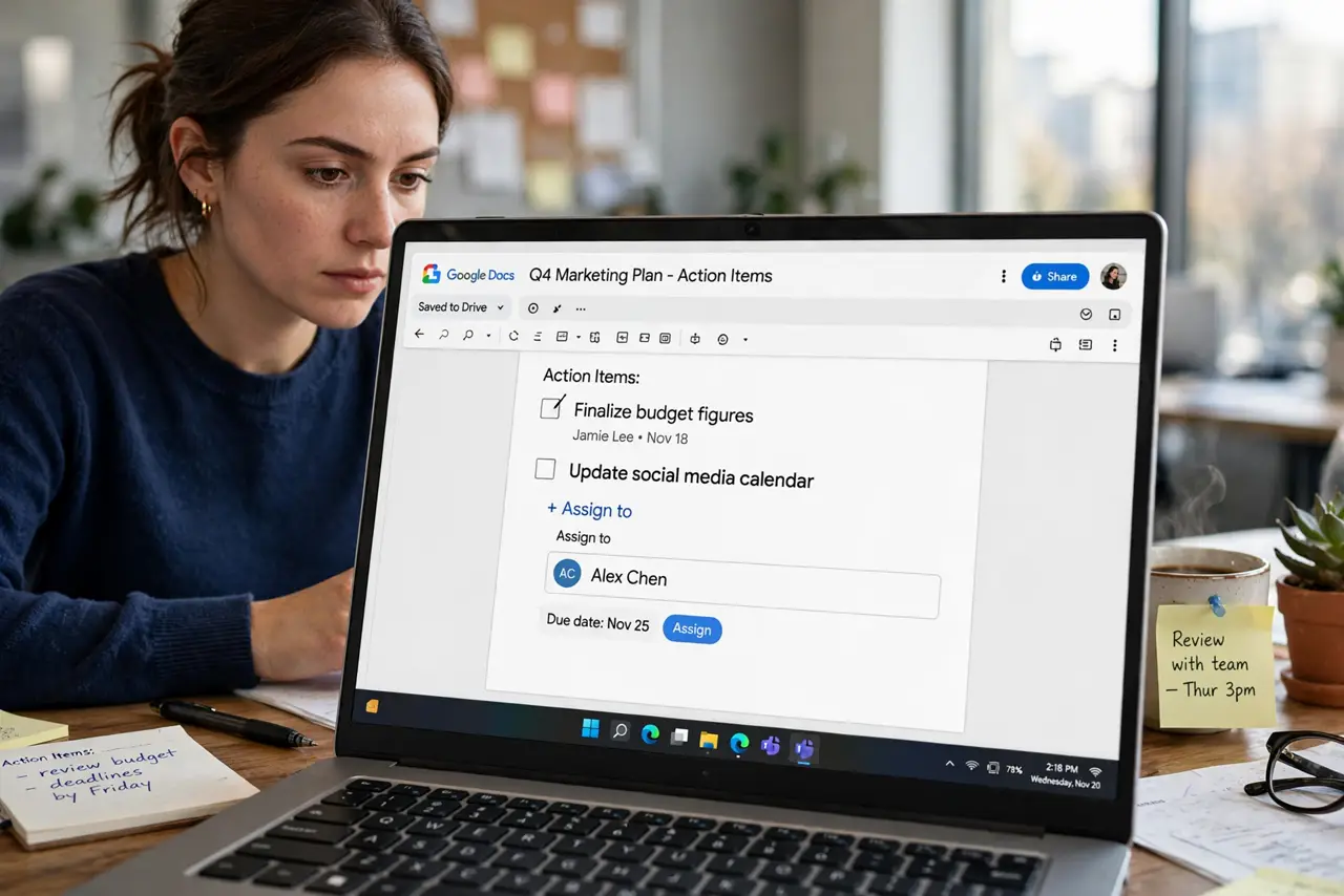 A person assigning an action item on a real laptop screen showing Google Docs with an assign-to checkbox and name field legible, the person's face focused, office desk.