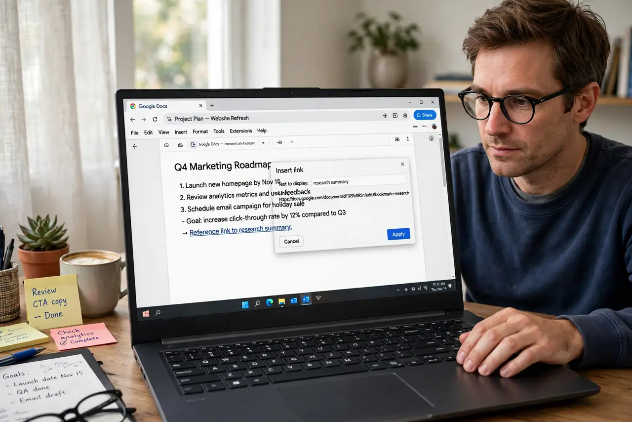 An adult at a desk using a real Windows laptop showing a Google Doc with a bookmark link being inserted and legible text, the person's face precise, home office.